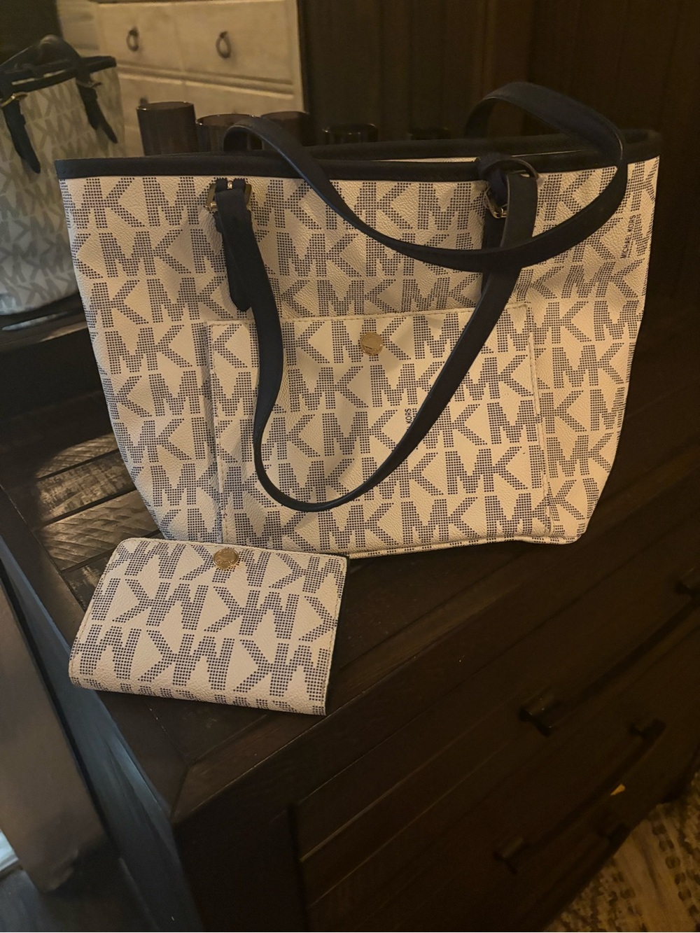Michael Kors White & Navy Logo Tote with Matching Wallet